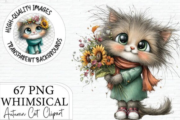 Download Whimsical Autumn Cat Clipart Bundle - Cat clipart Collection