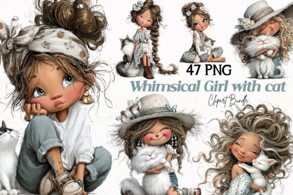 Download Whimsical Girl with Cat Clipart - Cat clipart Collection